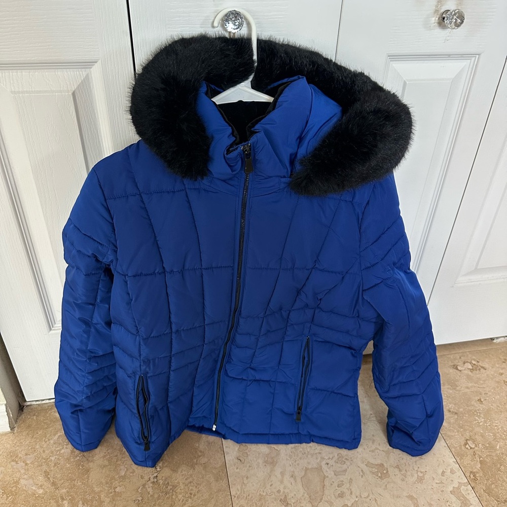 Calvin Klein Royal Blue Puffer Jacket with Black Fur Hood